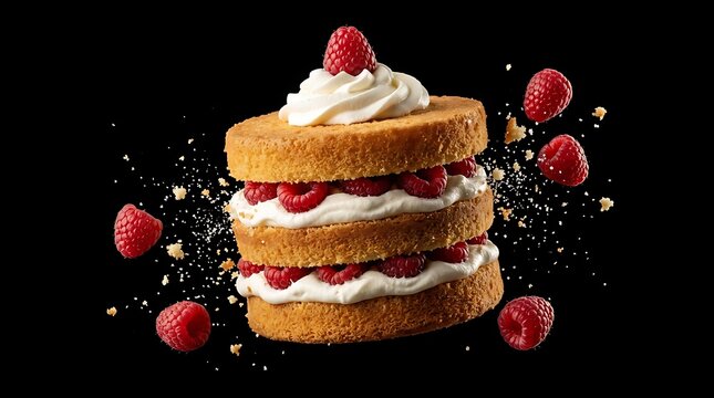 Kue bolu lapis krim dan rasberi melayang di udara dengan remah-remah, melambangkan kelezatan dinamis dan kreativitas kuliner modern