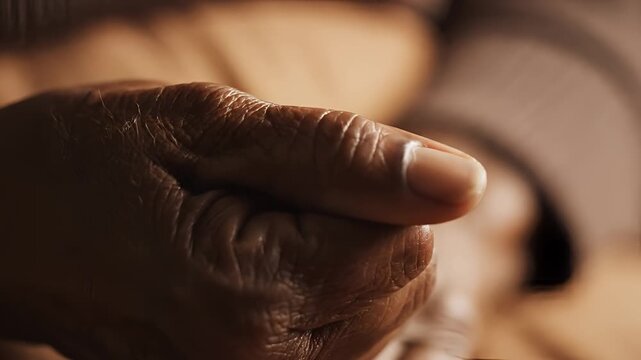 Closeup of an elderly persons wrinkled hand in soft lighting.