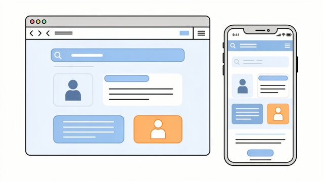 responsive user interface design with blue and orange elements on desktop and mobile screens