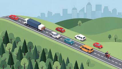 busy highway with colorful cars trucks and motorcycle driving through green hills and city skyline © Yeni Yaya