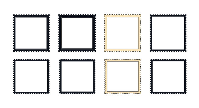 Collection of eight blank postage stamp frames with serrated edges and different border styles presented in a neat grid layout.