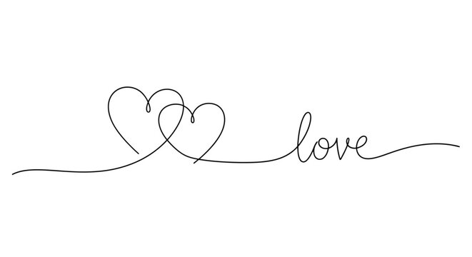 Minimalist continuous line drawing of two hearts and love text, elegant black monoline heart vector, romantic wedding and valentine calligraphy