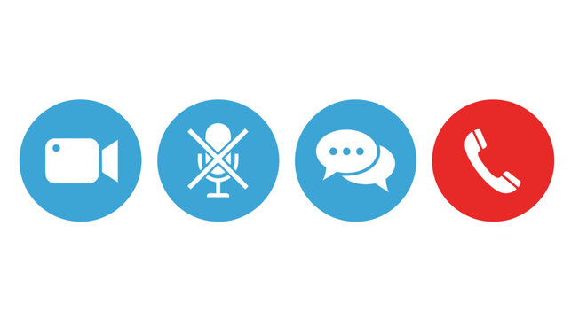 Video conference icon set, flat communication symbols for virtual meetings, blue and red call control buttons, digital webinar interface elements