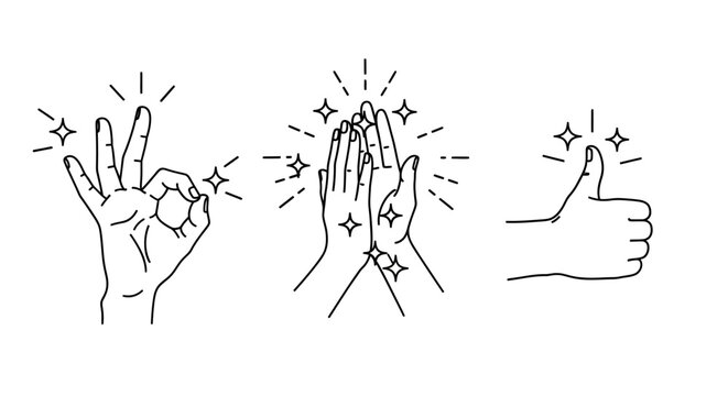 Minimalist hand gesture line art icons, clapping hands and thumbs up symbols, okay sign and applause vector set for social media and business feedback