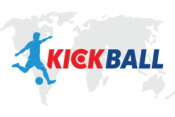 Kickball logo with a silhouette of a player kicking a ball over a world map © md