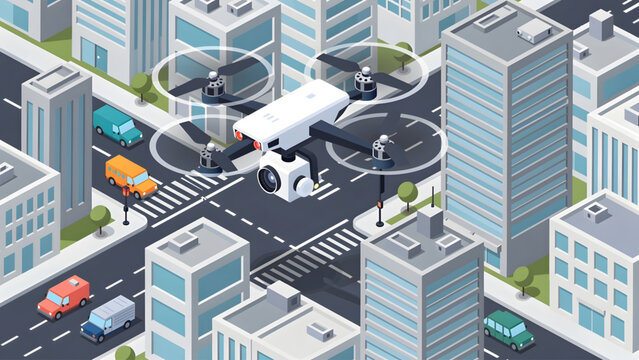 white quadcopter drone flying over busy city intersection and urban buildings
