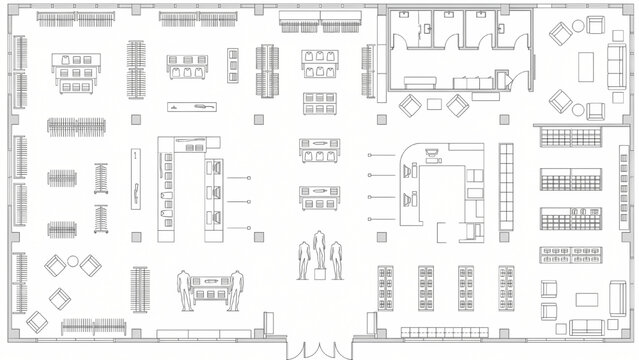 Retail Store Layout CAD Symbols for Apparel Merchandising, Checkout Planning and Commercial Interior Space Design Vector Set