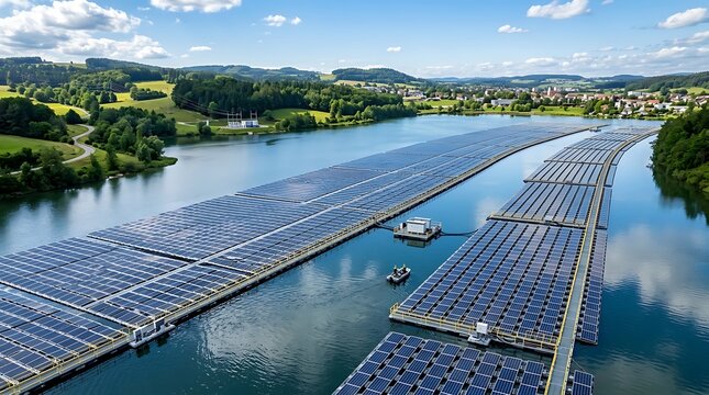 Innovative floating solar farm on a calm lake, efficiently harnessing sun's energy to generate clean electricity and promote sustainable power solutions for a greener future