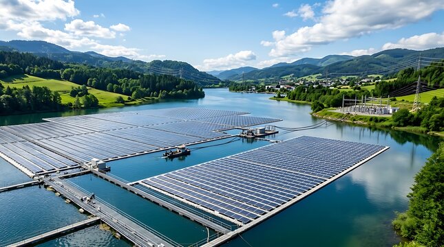 Expansive Floating Solar Farm on Serene Lake Amidst Lush Green Hills and Blue Sky