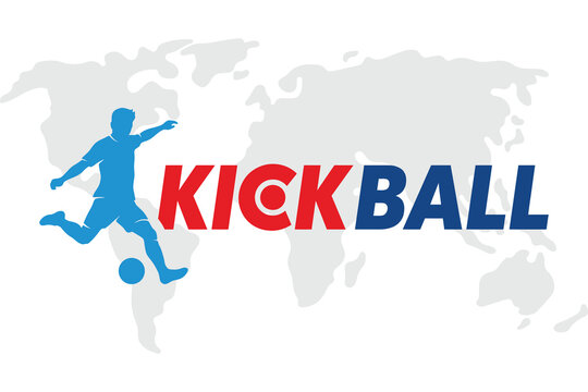 Kickball logo with a silhouette of a player kicking a ball over a world map