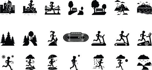 Obraz premium Outdoor Running and Nature Silhouette Icon Set with Treadmill Park Forest Mountain Weather and Fitness Activity Vector Collection Design