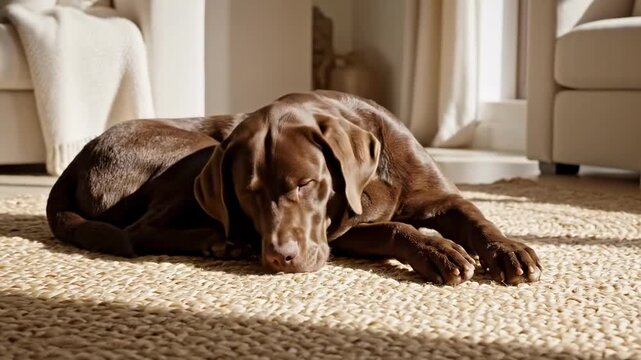 Chocolate labrador resting on woven rug in sunlit living room, glossy brown coat, broad head, floppy ears, calm loyal gaze, soft neutral furniture, cozy home companion dog lifestyle portrait
