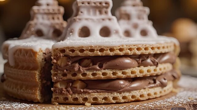 Delicious Chocolate Layered Cake with Eiffel Tower Decoration.