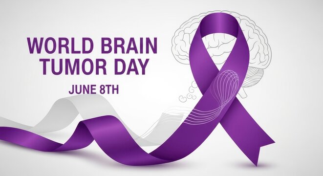 Purple ribbon for World Brain Tumor Day on June 8th with text banner