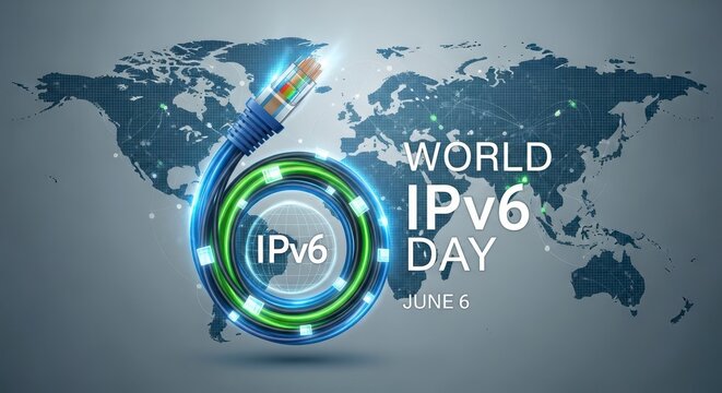 World IPv6 Day globe with digital network and rainbow rings on transparent background