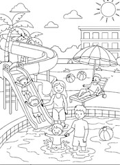 Naklejka premium Family enjoying summer fun at a water park pool