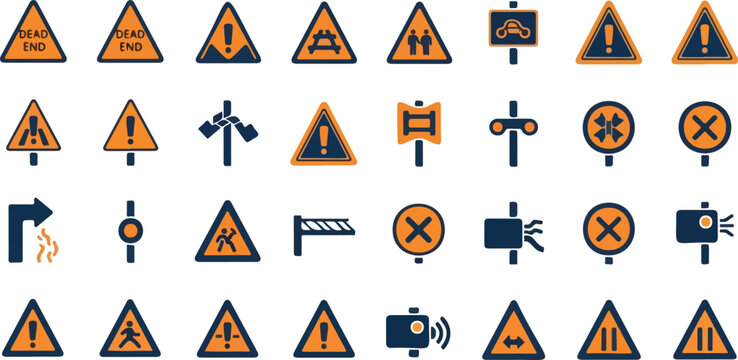 Vector icon set of various warning and traffic road signs featuring dead end, pedestrian crossing, construction, and danger symbols in orange and dark blue