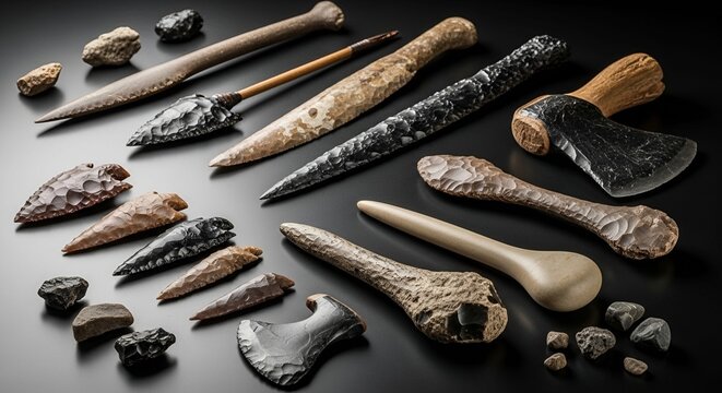 Collection of ancient stone tools and prehistoric weapons on a dark surface.