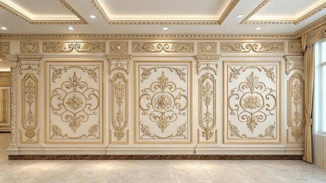 Ornate wall paneling with intricate gold detailing in a luxurious interior