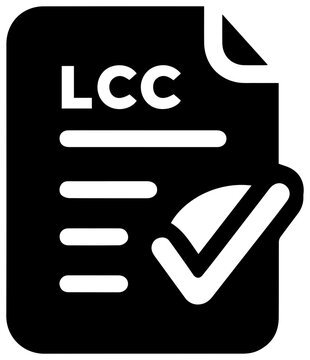 Solid black filled icon of llc installment sale report featuring a document with lcc text and a checkmark on a white background symbolizing business and finance concepts
