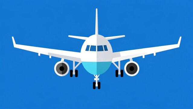 front view of white airplane with blue underbelly flying against clear blue sky