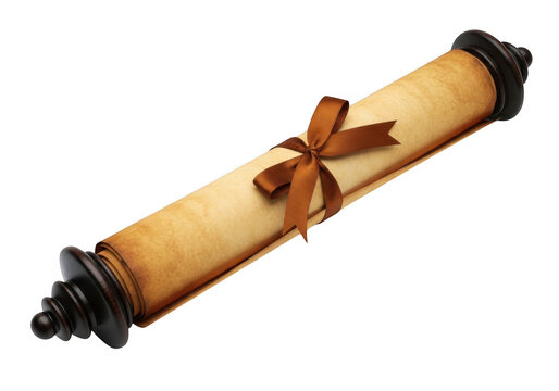 Old parchment scroll tied with a brown ribbon isolated on transparent background