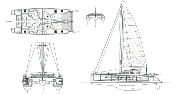 Catamaran Sailboat Blueprint Plans: Top, Front, Side Views