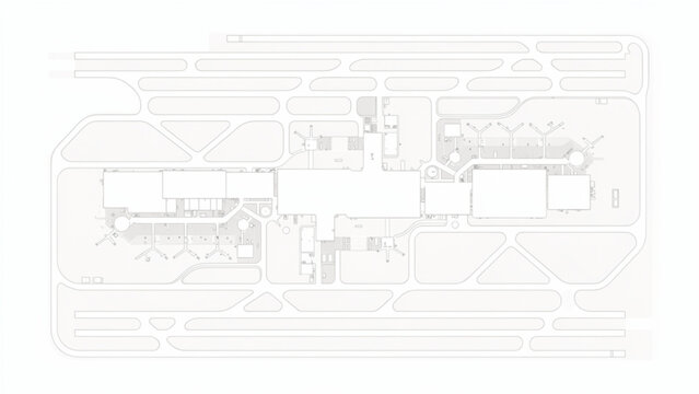 aerial blueprint layout of airport infrastructure in white minimal style