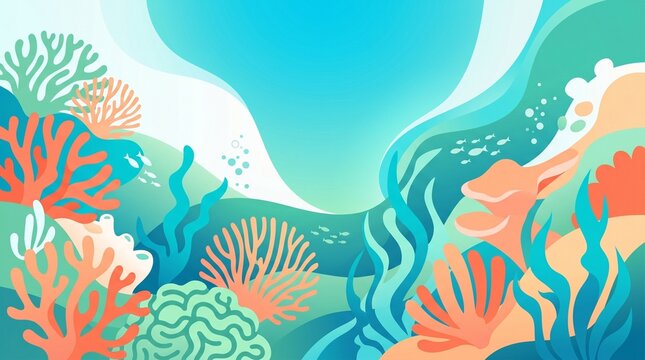 Vibrant vector illustration of a tropical coral reef with stylized sea anemone, brain coral, seaweed, and small fish swimming in bright turquoise ocean water.
