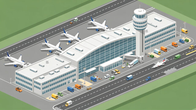modern airport terminal with white airplanes control tower and multiple vehicles on tarmac