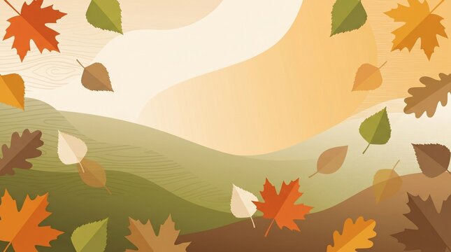 An abstract, stylized autumn background featuring floating colorful maple, oak, and birch leaves over soft, rolling hills in a warm orange, green, and cream color palette.