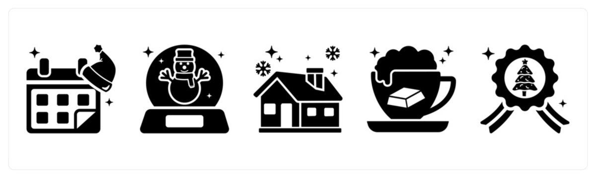 A set of 5 mix icons as christmas calendar, snowglobe, christmas house