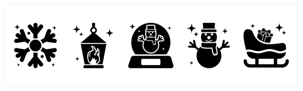 A set of 5 mix icons as snowflake, lantern, snowglobe