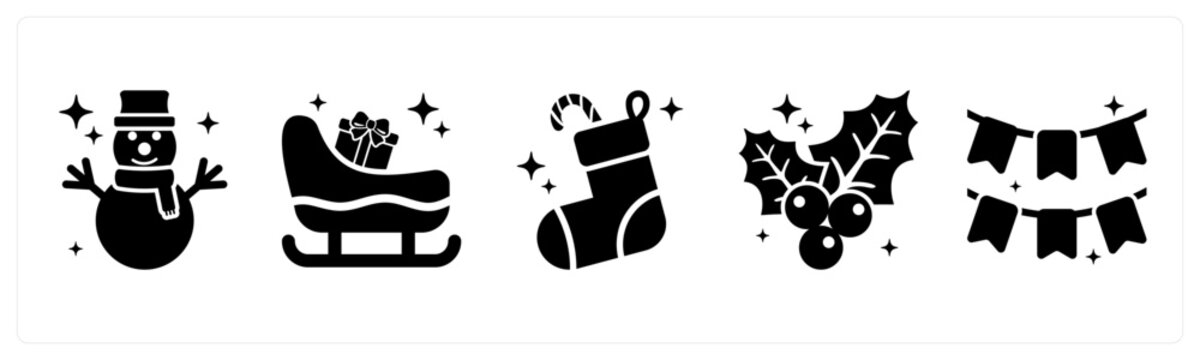 A set of 5 mix icons as snowman, sleigh, christmas socks