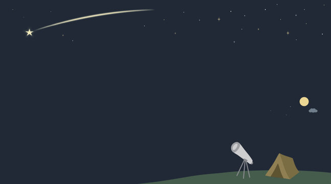 Quiet night camping scene under shooting star and starry sky
