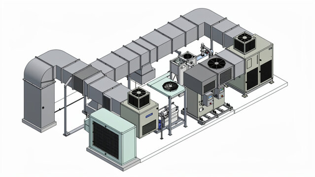 industrial hvac system with gray ducts and cooling units in mechanical setup