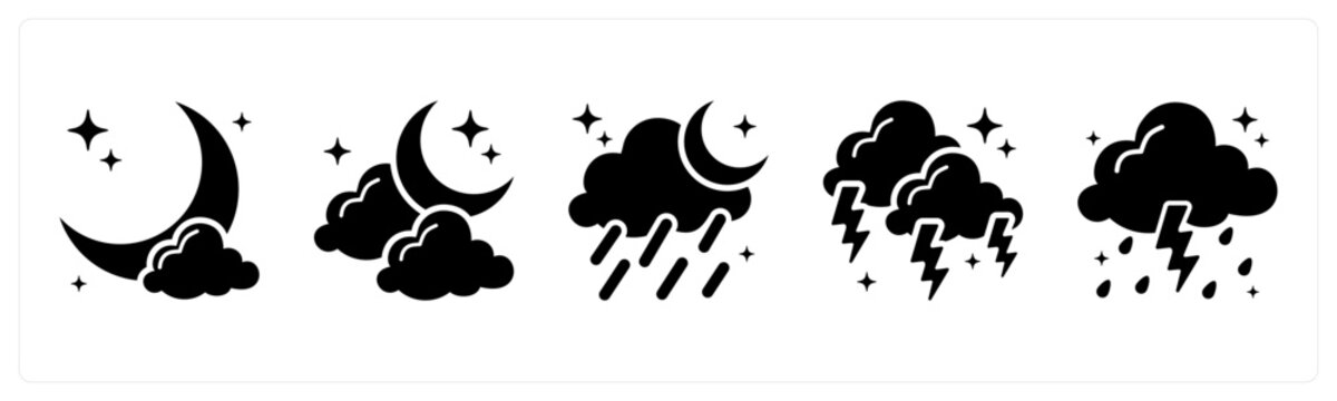 A set of 5 mix icons as starry night, cloudy night, rainy night