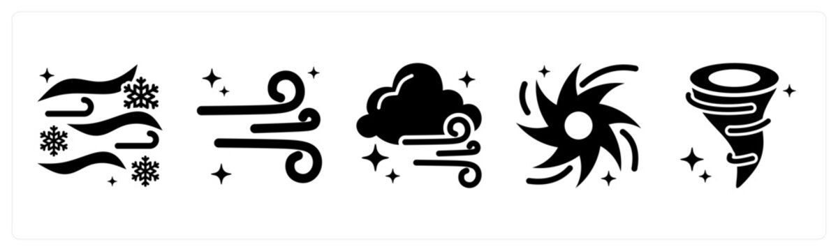 A set of 5 mix icons as blizzard, wind, breeze