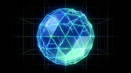 Naklejka premium Glowing blue digital sphere made of geometric lines and network nodes floating in a dark space