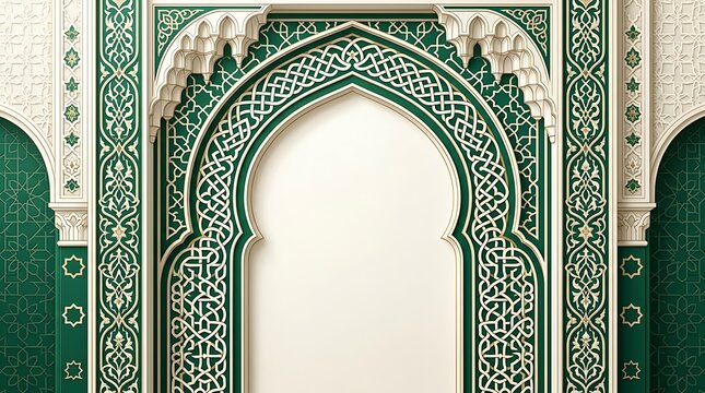 Elegant green and white Islamic archway with intricate geometric patterns, representing traditional architecture and cultural design