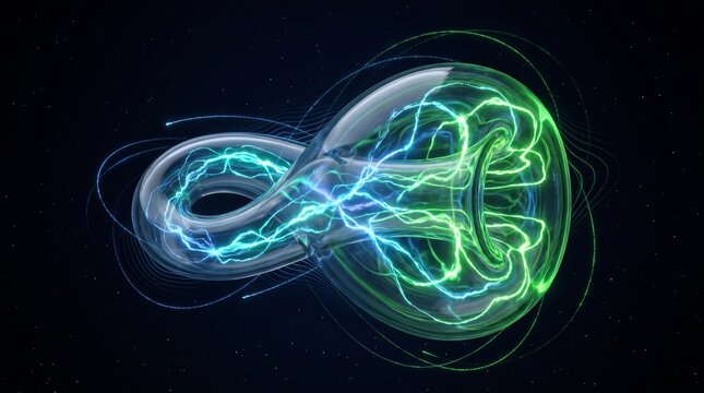 Abstract glowing infinity loop shape with bright blue and green electric energy waves flowing on a dark black background