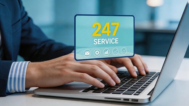 Business professional typing on laptop with 24/7 service digital overlay, representing constant customer support, helpdesk availability, technical assistance, and round the clock