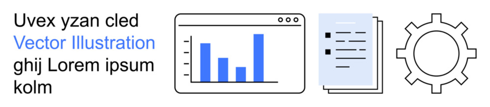 Business processes, data analysis, project planning, automation, teamwork, software tools. Graph on screen, stack of papers gear symbol. Data analysis and business processes concept