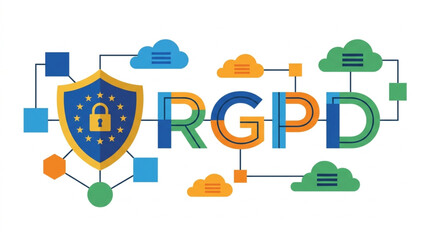Fototapeta premium Stylized text 'GDPR' with icons representing data protection, global connectivity, and personal privacy, set against a clean, light background