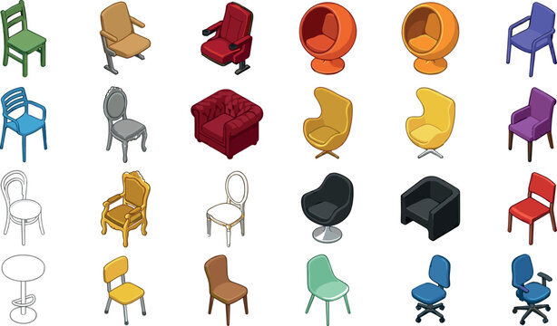 Isometric Chair and Armchair Furniture Icon Set Featuring Office Seating Home Decor Items Theater Stalls Luxury Thrones and Modern Living Room Interior Vectors
