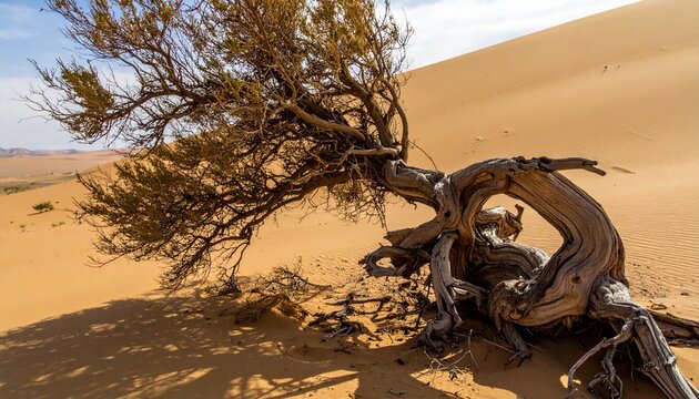 Twisted saxaul tree root exposed by wind erosion in desert landscape