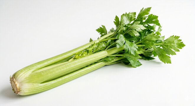 Fresh Celery Stalks With Leaves On White Background Healthy Green Vegetable Closeup