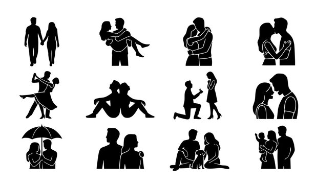 Collection of romantic couples in love silhouettes. Black solid shapes of couples hugging, kissing, dancing, and proposing isolated on white.