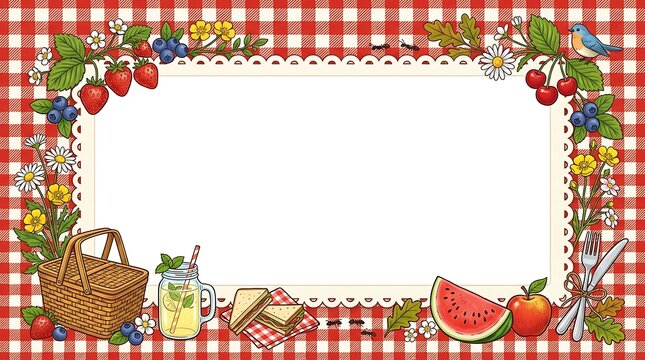 Vibrant summer picnic frame with red gingham border, fresh fruits, lemonade, and basket. Ideal for cheerful event invitations and festive designs