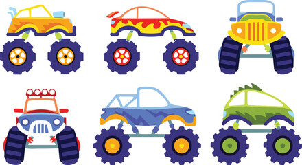 Cute Monster Truck Cartoon Vector Collection with Colorful Off Road Vehicle Designs for Kids Racing, Adventure and Transportation Projects © jafrine